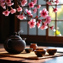 Serene Japanese tea ceremony scene featuring a traditional teapot and delicate cherry blossoms in full bloom, matcha, flower, teacup