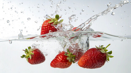 Juicy red strawberries, including halved one, create energetic water splash with bubbles on bright white surface.