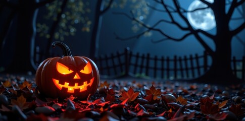 Spooky Halloween background with a carved jack-o'-lantern glowing menacingly in the dark night, black, pumpkin, october