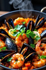 Steaming seafood paella, brimming with succulent mussels and shrimps, finished with fresh parsley, lunch, seafood
