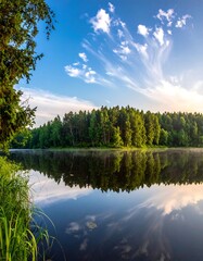 Fototapeta premium Serene dawn over a still lake, mirrored by lush green forest