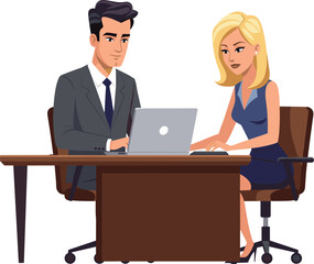 Business teamwork illustration, man and woman working together on laptop, office collaboration concept, professional workplace discussion, corporate partnership vector design