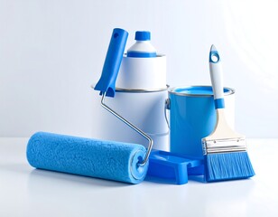 Blue paint supplies on a white surface