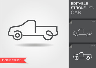 Minimal linear vector icon of a pickup truck silhouette with editable stroke, contour design and soft shadow. Perfect for transport, delivery, automotive, logistics, infographics, web