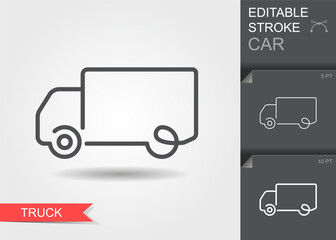 Minimal vector illustration of a truck silhouette in linear outline style with editable stroke and soft shadow. Perfect for logistics, delivery, transport, automotive design, web and mobile applicatio