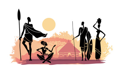 Vector illustration with silhouettes of African men and women holding spears, shield, drum and pot in traditional village scene. Ethnic culture, heritage and African lifestyle.