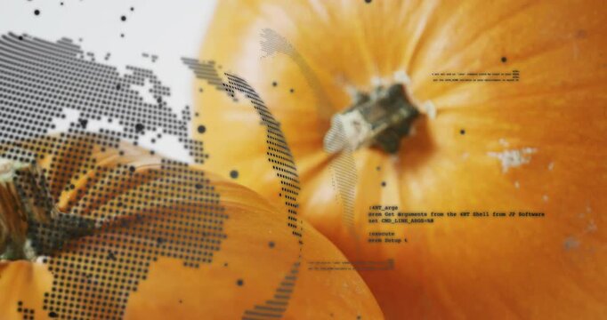Digital globe fading beside orange pumpkins rotating clockwise spawning code nodes displaying data