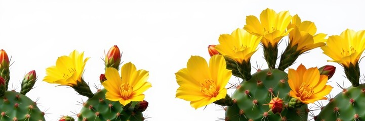 Vibrant yellow Opuntia ficus cactus flower blossoms in full bloom, isolated on a clean white background, bloom, studio shot, close-up