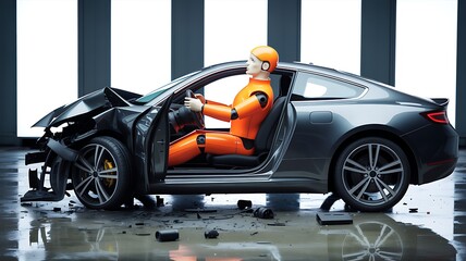 Car Crash Test with Dummy Demonstrating Impact Safety Features in Modern Vehicle Safety Measures Examined in Controlled Environment