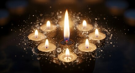 Enchanting Circle of Floating Tealight Candles Illuminated by a Shower of Magical Golden Sparkles in a Serene Setting