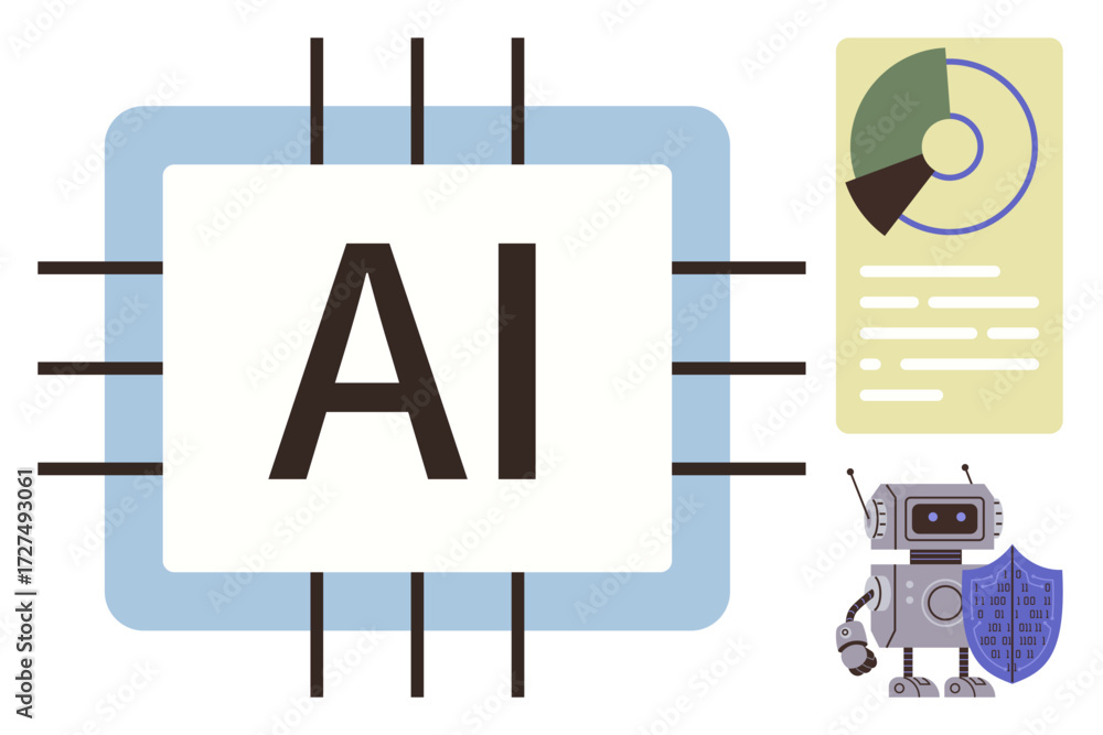 Poster ai chip with circuit lines, robot holding a shield, and data chart representing machine learning, da