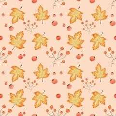 Seamless Autumn Pattern with Maple Leaves and Berries on Beige Background