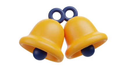 Two yellow bells with blue clappers and rings isolated on a transparent background image