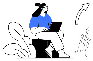 Woman seated outdoors using a laptop, surrounded by plants, ascending arrows signify progress and growth. Ideal for business, technology, education, creativity, planning remote work career. Simple