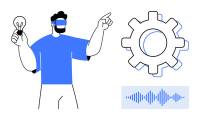 Person wearing VR headset holding light bulb and pointing at gear. Sound wave display beside gear. Ideal for technology, innovation, virtual reality, creativity, engineering, futuristic concepts
