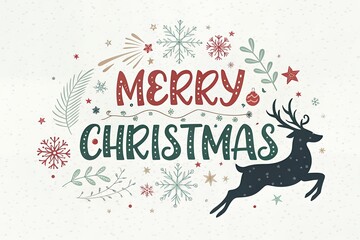 Merry christmas hand drawn lettering with a reindeer and festive elements