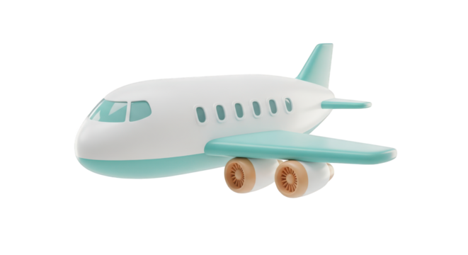 White and teal passenger jet airplane with tan engines isolated on a transparent background