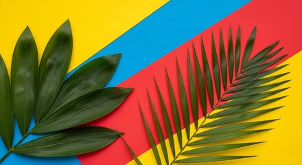 Tropical leaves on vibrant geometric background with diagonal stripes
