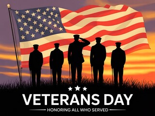 Veterans day silhouette of soldiers saluting the american flag at sunset honoring service
