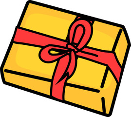 Yellow Gift Box with Red Ribbon for New Year party celebration and festive holiday icon decoration

