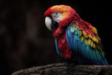 Obraz premium Vibrant macaw perched on a dark branch