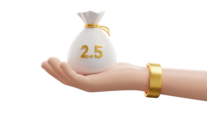 White money bag with 2.5 number on hand isolated on a transparent background gold