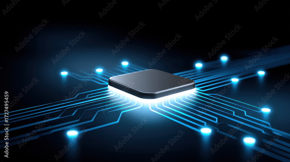Poster ai chip stocks in smart home devices power innovation with glowing circuit lines and futuristic tech