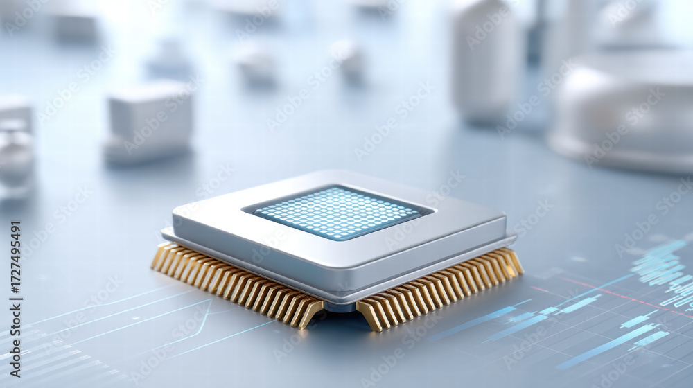 Poster ai chip stocks in smart home devices concept with futuristic microchip on digital background showing