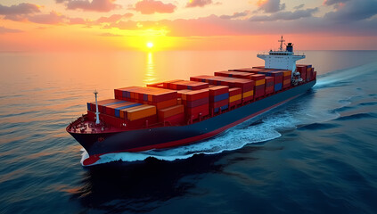Container Ship Sailing Through Ocean Sunset