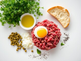 Gourmet steak tartare with egg yolk capers and herbs