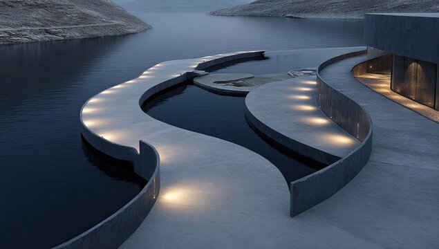 Modern waterfront architectural design with pools and pathways