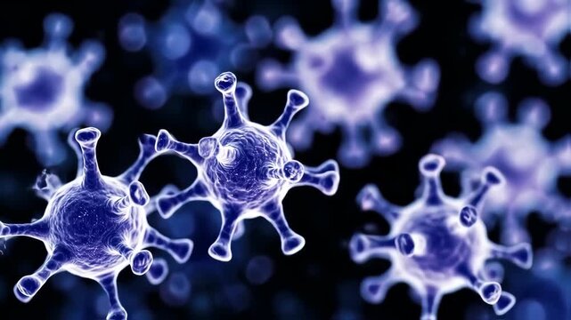 Close-up view of numerous microscopic viruses, highlighted in shades of purple and blue against a dark background
