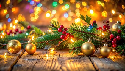 Festive Christmas Decoration with Lights and Ornaments on Wood