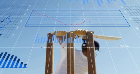 Batsman shifting weight into backswing, driving swing at wicket with finance graphs overlaying data