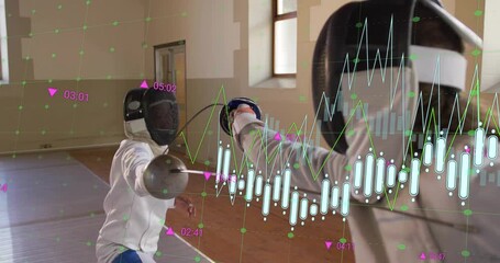 Right fencer lunging leading left fencer parrying while chart overlay pulsing for sports analytics - Powered by Adobe
