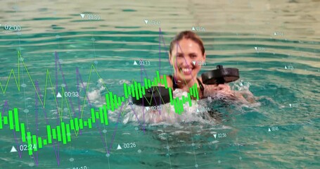 woman emerging in pool gripping dumbbells and curling while finance market trends updating charts - Powered by Adobe