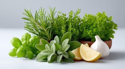Assorted Fresh Herbs Bundle Featuring Basil Rosemary Sage Thyme and Parsley with Lemon Slices and Garlic in a Cinematic HDR Food Photography Setting