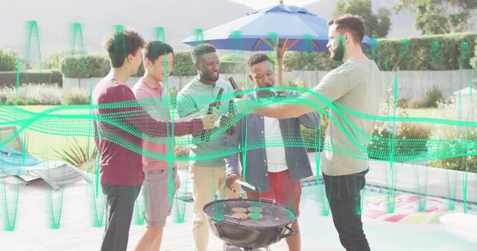 Friends clinking bottles, passing tongs on grill for cooking burgers using motion graphics in food
