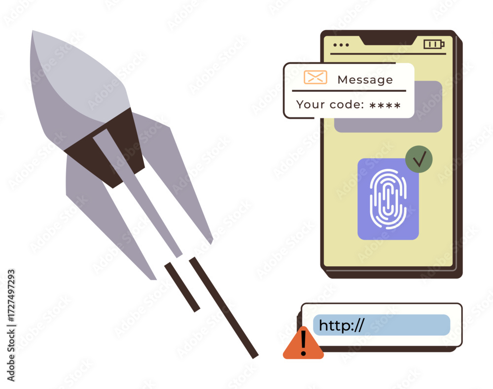 Poster rocket representing progress, smartphone with fingerprint scanning, message-based otp, and a warning