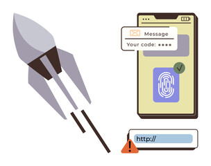 Rocket representing progress, smartphone with fingerprint scanning, message-based OTP, and a warning for unsafe links. Ideal for technology, cybersecurity, innovation, authentication, progress data