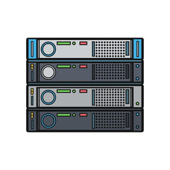 Obraz premium Stacked Server Racks with Circular Buttons and Ventilation Grills.