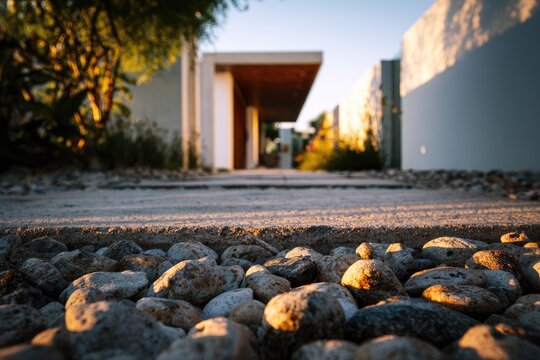 Pathway leading to modern homes at sunset