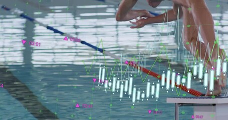 Male swimmer shifting weight and diving for tracking metrics while data charts drifting poolside - Powered by Adobe