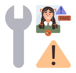 Wrench, human face with facial recognition grid, fake content alert, exclamation icon. Ideal for technology, cybersecurity, AI ethics, misinformation, media authenticity deepfake detection simple