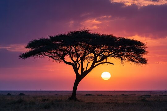 Silhouette of a large acacia tree at sunrise/sunset over a savanna - Powered by Adobe