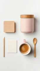 Coffee cup and wooden accessories isolated on white background minimalist style and flat lay