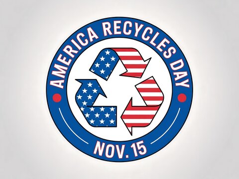 America recycles day november 15th emblem featuring the recycling symbol with american flag design - Powered by Adobe