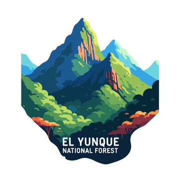 El Yunque National Forest travel sticker illustration with vibrant stylized mountains and lush green jungle.