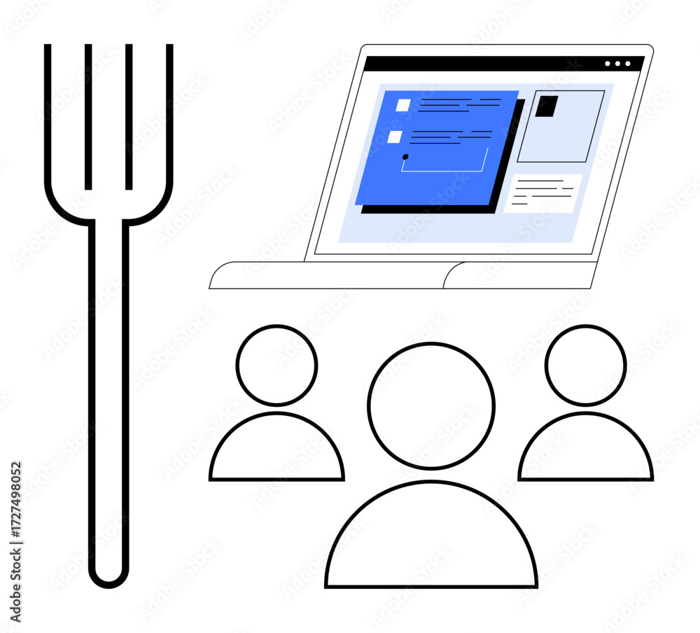 Poster fork emphasizing choices alongside laptop displaying workflow chat and three users. ideal for teamwo