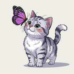 Cute gray kitten and purple butterfly  perfect for catrelated designs, nature illustrations, and petloving content. Perfect for animal lover websites and social media posts.